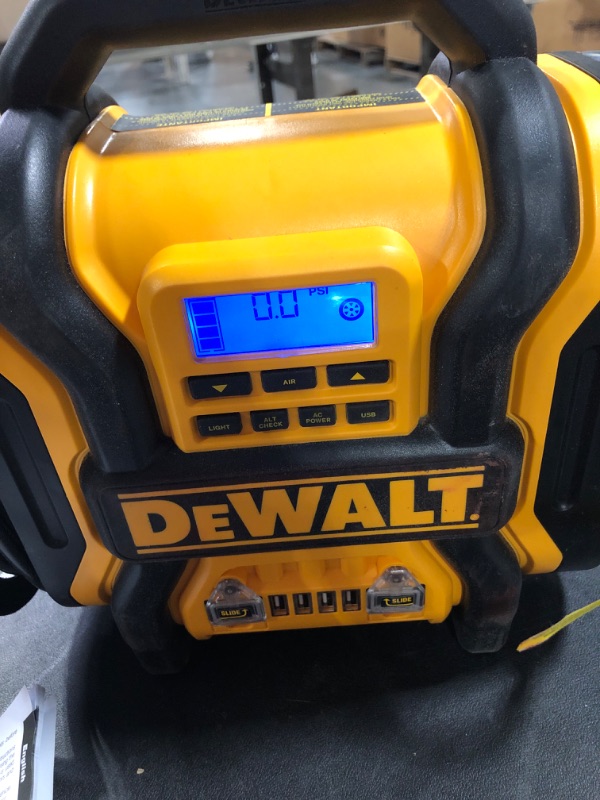 Photo 6 of DEWALT DXAEPS14 1600 Peak Battery Amp 12V Automotive Jump Starter/Power Station with 500 Watt AC Power Inverter, 120 PSI Digital Compressor, and USB Power , Yellow