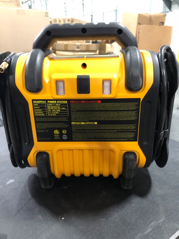 Photo 4 of DEWALT DXAEPS14 1600 Peak Battery Amp 12V Automotive Jump Starter/Power Station with 500 Watt AC Power Inverter, 120 PSI Digital Compressor, and USB Power , Yellow