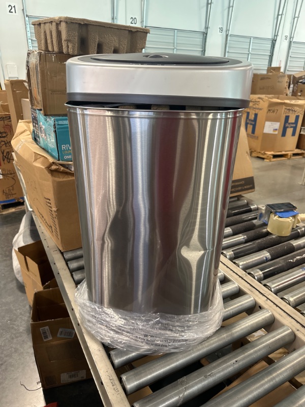 Photo 1 of NINESTARS CB-DZT-50-9/12-9 Automatic Touchless Infrared Motion Sensor Trash Can Combo Set, 13 Gal 50L & 3 Gal 12L, Stainless Steel Base (Oval, Silver/Black Lid) 13 Gal & 3 Gal Trash Can