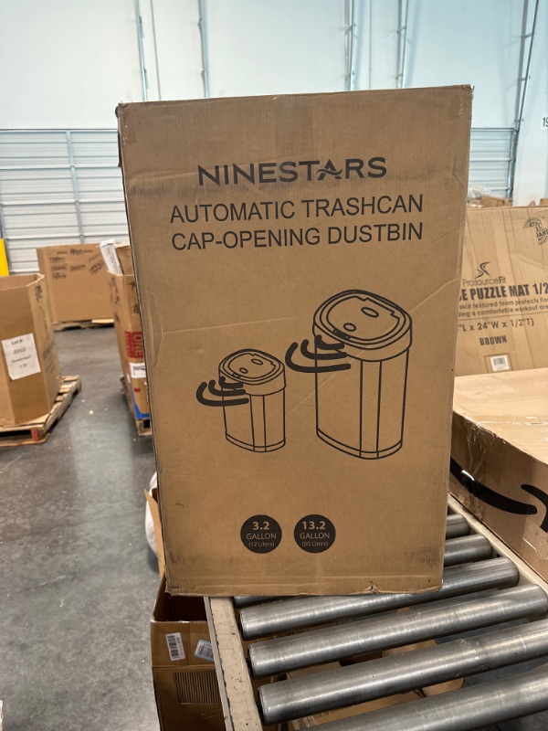 Photo 1 of NINESTARS CB-DZT-50-9/12-9 Automatic Touchless Infrared Motion Sensor Trash Can Combo Set, 13 Gal 50L & 3 Gal 12L, Stainless Steel Base (Oval, Silver/Black Lid) 13 Gal & 3 Gal Trash Can