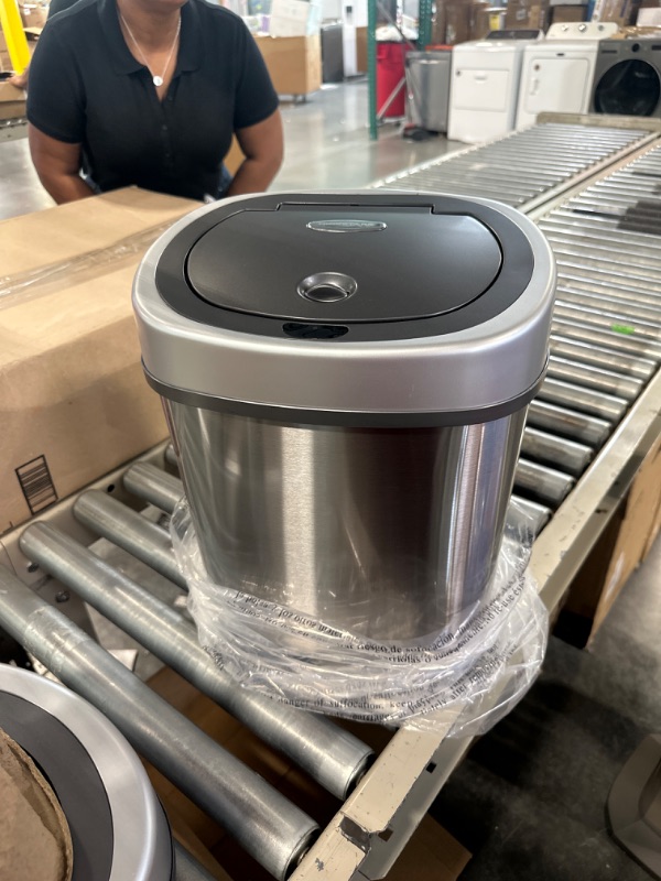 Photo 1 of NINESTARS CB-DZT-50-9/12-9 Automatic Touchless Infrared Motion Sensor Trash Can Combo Set, 13 Gal 50L & 3 Gal 12L, Stainless Steel Base (Oval, Silver/Black Lid) 13 Gal & 3 Gal Trash Can