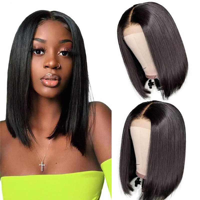 Photo 1 of 12 Inch Short Bob Wigs Human Hair 4X4 HD Transparent Lace Closure Wigs Brazilian Virgin Human Hair Straight Bob lace Front Wigs For Black Women Pre Plucked with Baby Hair Natural Black 150% Density
