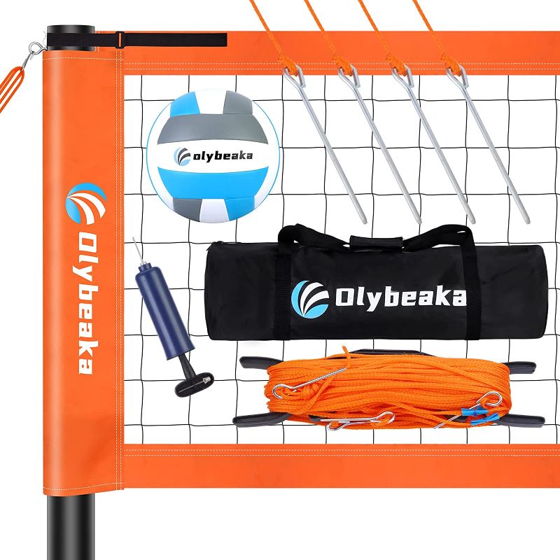 Photo 1 of Olybeaka Professional Volleyball Net Outdoor Portable Volleyball Net Set System for Backyard Beach with Upgraded 900D Net Tape, Heavy Duty Poles, Anti-Sag Design, Volleyball, Boundary Line
