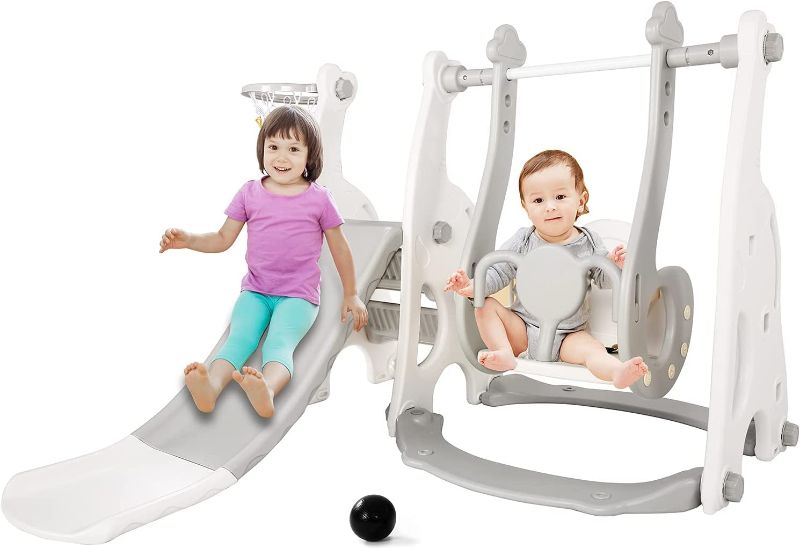 Photo 1 of LANGYI Children's Four in One Slide Swing?with Basketball Frame and Ball and Extra Long Slide?Children's Slide That Can Be Installed at Will in Indoor and Outdoor Garden, White

