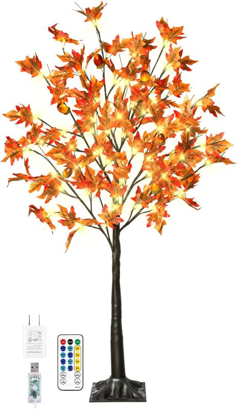 Photo 1 of 4FT 60LED Lighted Maple Tree - Fall Thanksgiving Decor Artificial Tree with 6 Acorns 120 Leaves, Remote 8 Flashing Modes, Timing, DC 5V Safe for for Indoor Outdoor Harvest Decoration
