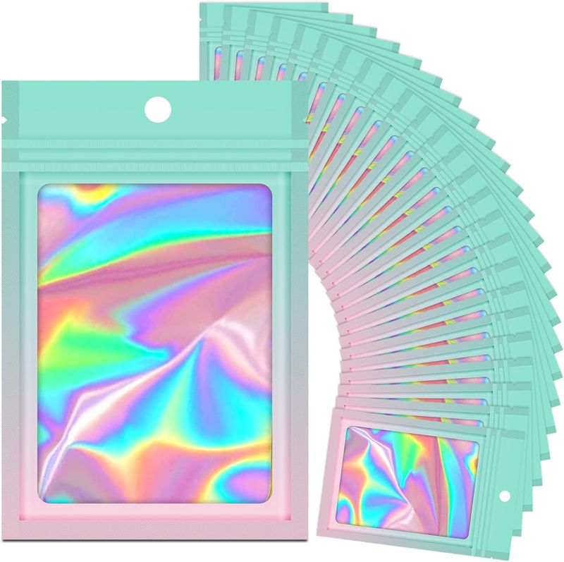Photo 1 of 100 Pieces Resealable Mylar Ziplock Bags, Holographic Gradient Bags with Clear Window, Packaging Pouch Party Bags Sample Bags (Green&Pink, 4.1x5.9 Inch)
