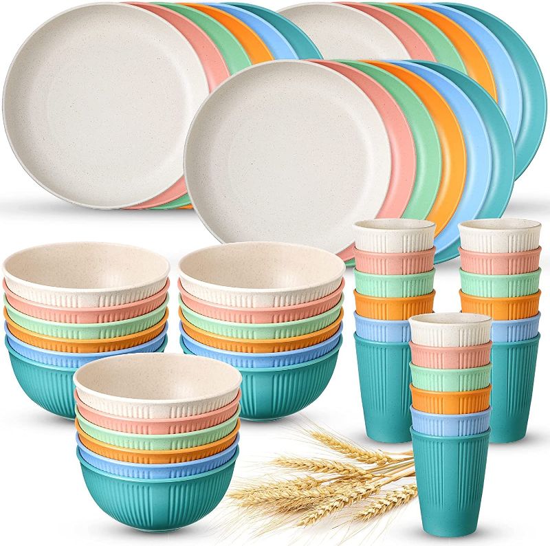 Photo 1 of 54 Pcs Dinnerware Sets Unbreakable Dish Set for 18 Microwave Dishwasher Safe Reusable Plate Cup and Bowl Set Lightweight Plastic Dishes for Kitchen, Camping, Picnic, RV, Dorm
