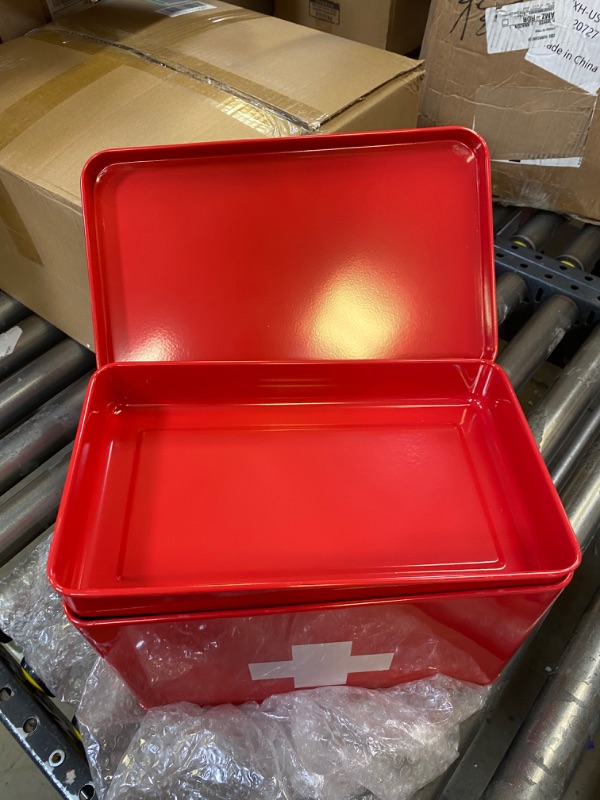 Photo 1 of Funly mee Vintage First aid Box for Home, Medicine Tin, Red Metal Medicine Storage Box (Large 12.6× 8.3×7.7 inches) Red 1 Count (Pack of 1)