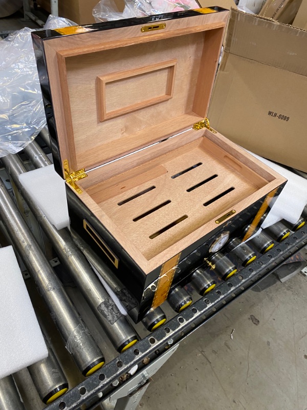 Photo 1 of Cigar Humidor, Luxury Cigar Storage Box with Humidifier and Hygrometer, Spanish Cedar Wood Interior Desktop Humidor Case with Lock and Accessory Drawer - Holds 100 Cigars