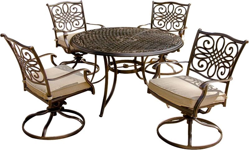 Photo 1 of (TABLE NOT INCLUDED) Hanover Traditions 4-Piece Cast Aluminum Outdoor Patio Dining Set, 4 Swivel Rocker Chairs Brushed Bronze Finish with Tan Cushions, Rust-Resistant
