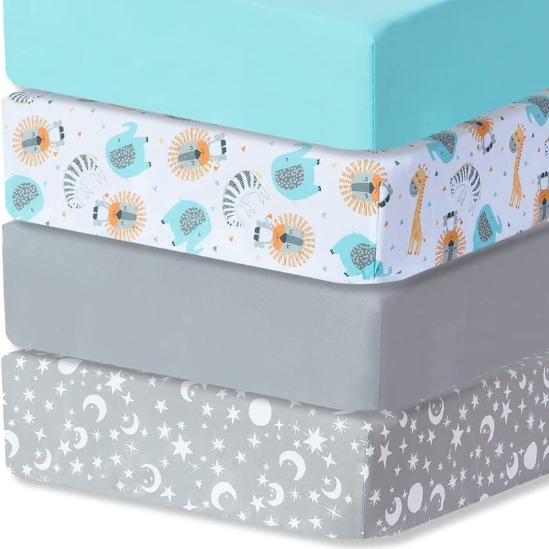 Photo 1 of bimocosy Fitted Crib Sheets for Boys 4 Pack, Size 28"x 52" for Standard Crib and Toddler Mattresses, Super Soft Breathable Microfiber Baby Crib Mattress Sheet, Stars/Woodland Animals/Grey/Light Green
