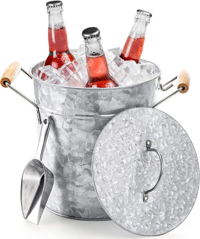 Photo 1 of 4 Liter Ice Bucket with Lid, Galvanized Metal Beverage Tub with Scoop and Handles, Drink and Wine Chiller for Bar, Party, BBQ, Great for Indoor and Outdoor Use