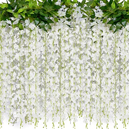 Photo 1 of  Branches Wisteria Hanging Flowers 6 Feet Artificial White Wisteria Vine Silk Wisteria Flowers Garland for Wedding Arch Party Garden Home Decor 