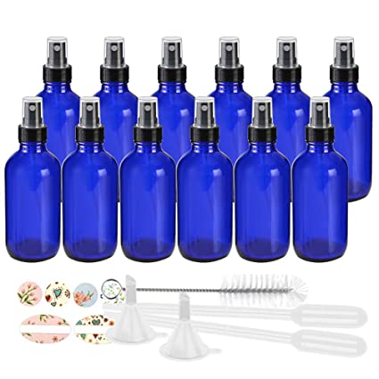 Photo 1 of 12 Pack 120 ml 4oz Blue Glass Spray Bottles with Fine Mist Sprayer & Dust Cap for Essential Oils, Perfumes,Cleaning Products.Included 1 Brush,2 Funnels,2 Droppers & 18 Labels.
