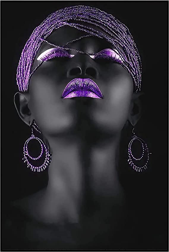 Photo 1 of 123 Life African American Canvas Wall Art Black Woman Purple Earrings Necklace Picture Portrait Poster Wall Art for Living Room Decor Unframed (African American Girl Purple,24x36inches/60x90cm)
