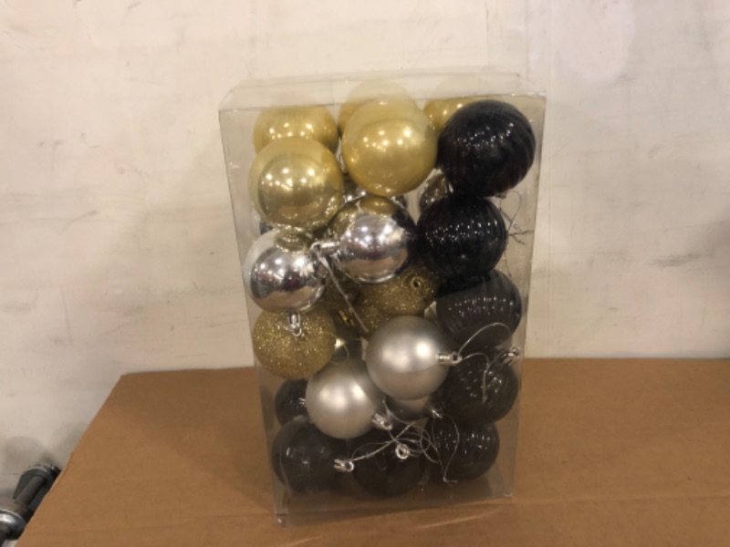 Photo 2 of 30ct Christmas Ball Ornaments for Christmas Tree - 6 Style Happy New Year Tree Ornaments 2.4" Shatterproof Hanging Ball Decorations - Xmas Holiday Party & New Year Party Decorations (Black and Gold)