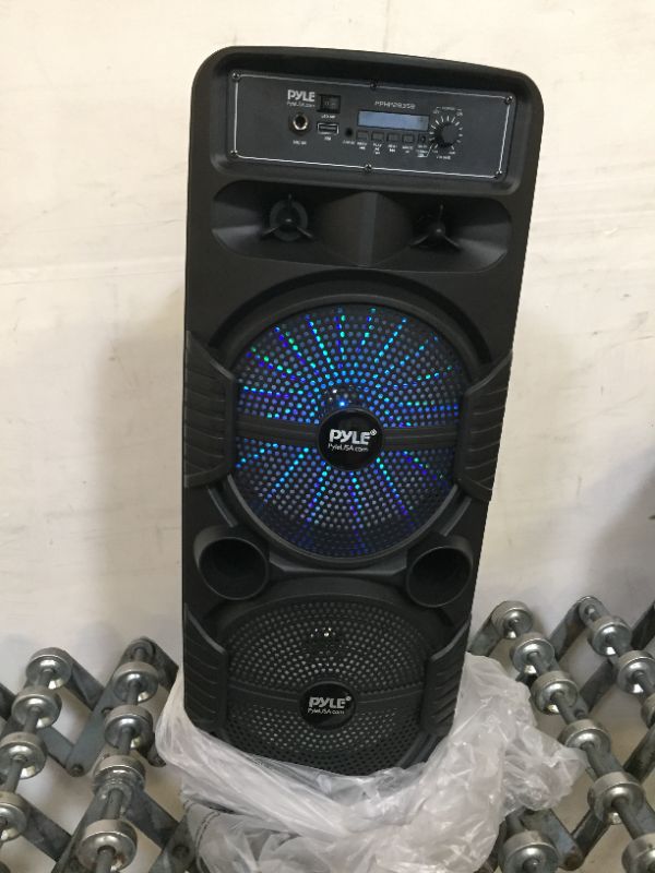 Photo 2 of Pyle Portable Bluetooth PA Speaker System - 600W Rechargeable Outdoor Bluetooth Speaker Portable PA System w/ Dual 8” Subwoofer 1” Tweeter, Microphone In, Party Lights, USB, Radio, Remote - PPHP2835B