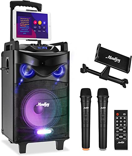 Photo 1 of Moukey Karaoke Machine, PA System Woofer, Portable Bluetooth Speaker w/ 2 Wireless Microphones, Lyrics Display Holder, Party Lights & Echo/Treble/Bass Adjustment, Support TWS/REC/AUX/MP3/USB/TF/FM