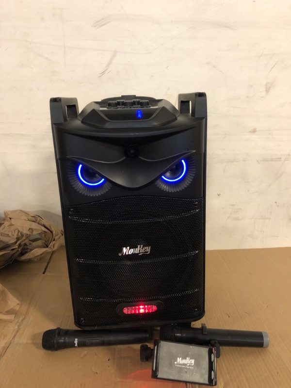 Photo 2 of Moukey Karaoke Machine, PA System Woofer, Portable Bluetooth Speaker w/ 2 Wireless Microphones, Lyrics Display Holder, Party Lights & Echo/Treble/Bass Adjustment, Support TWS/REC/AUX/MP3/USB/TF/FM