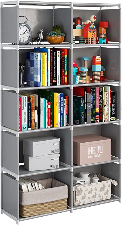 Photo 1 of  Portable Bookshelf with Fabric Cloth at Back, 10 Cube Closet Storage Organizer Bookcase, Living Room,Study Room,Bedroom, Grey