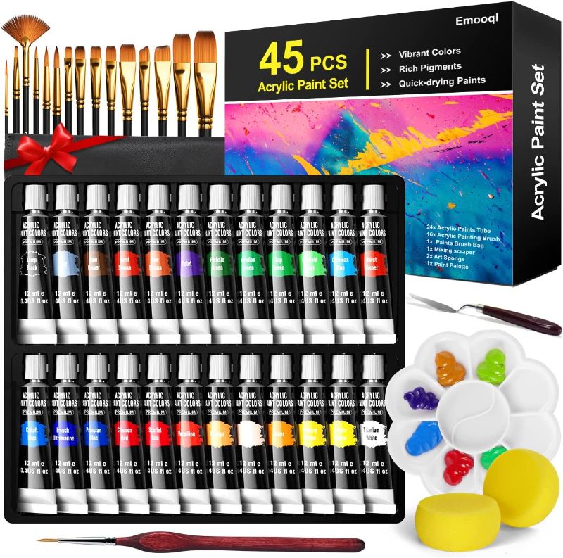 Photo 1 of Emooqi Acrylic Paint, 45 Piece Painting Supplies Set, Includes 24 Acrylic Paints, 16 Painting Brushes with Bag , Paint Knife, Art Sponge and Paint Palette ,...
