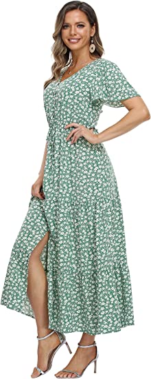 Photo 1 of (Approx Size, SMALL) ------Women's Floral Maxi Dress Short Sleeve Midi Dress Summer Boho Dresses V-Neck Ruffle Swing Flowy Beach Party Dress (NO SLIT)