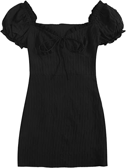 Photo 1 of Floerns Women's Sweetheart Neck Puff Sleeve Ruch Frill Trim Tie Front Mini Dress  XS