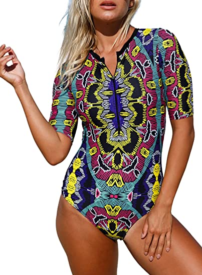 Photo 1 of Aleumdr Womens Zip Front Printed Half Sleeve/Long Sleeve One Piece Swimsuit Swimwear S-MED