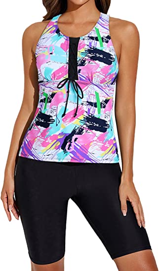 Photo 1 of Aleumdr Womens Racerback Color Block Print Tankini Swimsuits with Swim Capris S