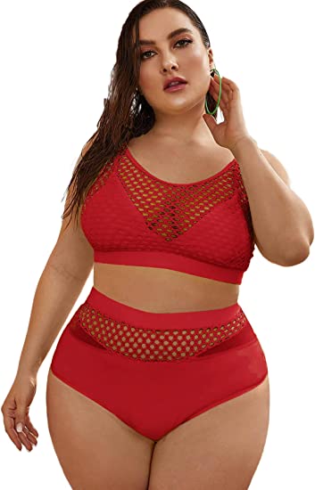 Photo 1 of Floerns Women's Plus Size Splice Fishnet Cami Top and High Waist Bikini Set LARGE 