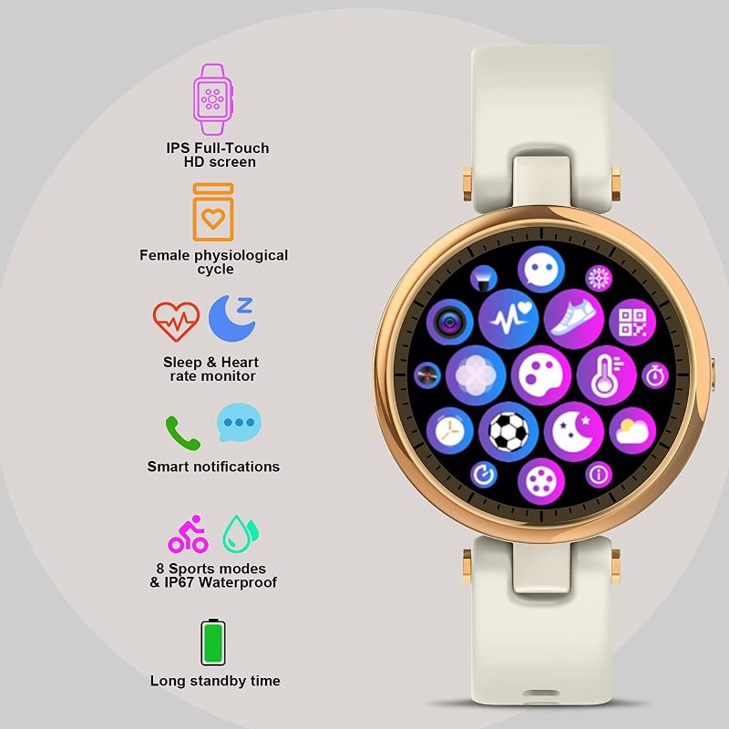 Photo 2 of Smart Watches for Women, Smart Watch for Android Phones and iPhone Compatible, 1.09" Touch Screen Round Smartwatch IP67 Waterproof Fitness Tracker with Heart Rate/Sleep Monitor (Creamy White)