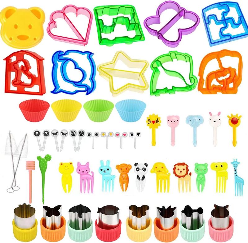 Photo 1 of 48PCS Sandwich Cutter Set, Kid Sandwich Bread Cutter, Animal Food picks, Fruit Shapes cookie cutters, Food Pick forks, and Free Silicone Cup Dividers, Bento Box Accessories for Kids