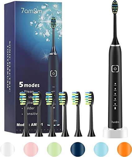 Photo 1 of 7AM2M Sonic Electric Toothbrush with 6 Brush Heads for Adults and Kids, One Charge for 90 Days, IPX7 Waterproof, 5 Modes with 2 Minutes Build in Smart Timer, Electric Toothbrushes(Black)
