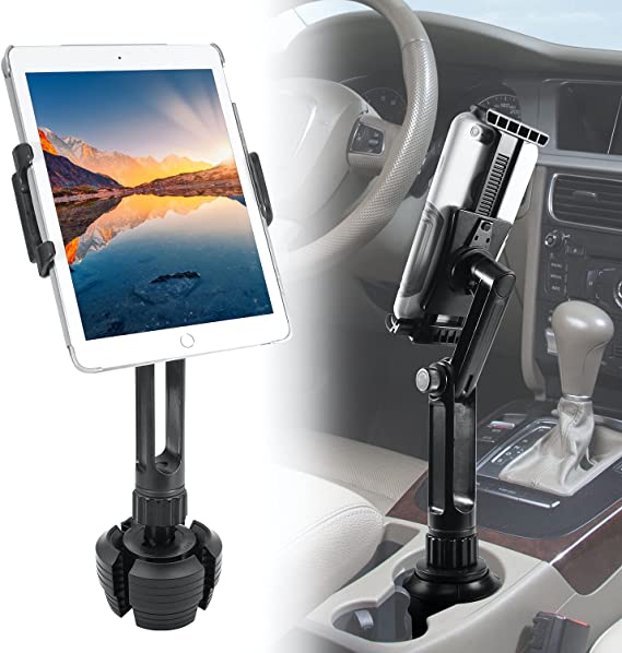 Photo 1 of Macally Cup Holder Tablet Mount - Heavy Duty iPad Cup Holder Car Mount Stand or Tablet Holder for Car, Truck, and Vehicle - Fits Devices 3.5" - 8” Wide with Case - Adjustable iPad Holder for Car
