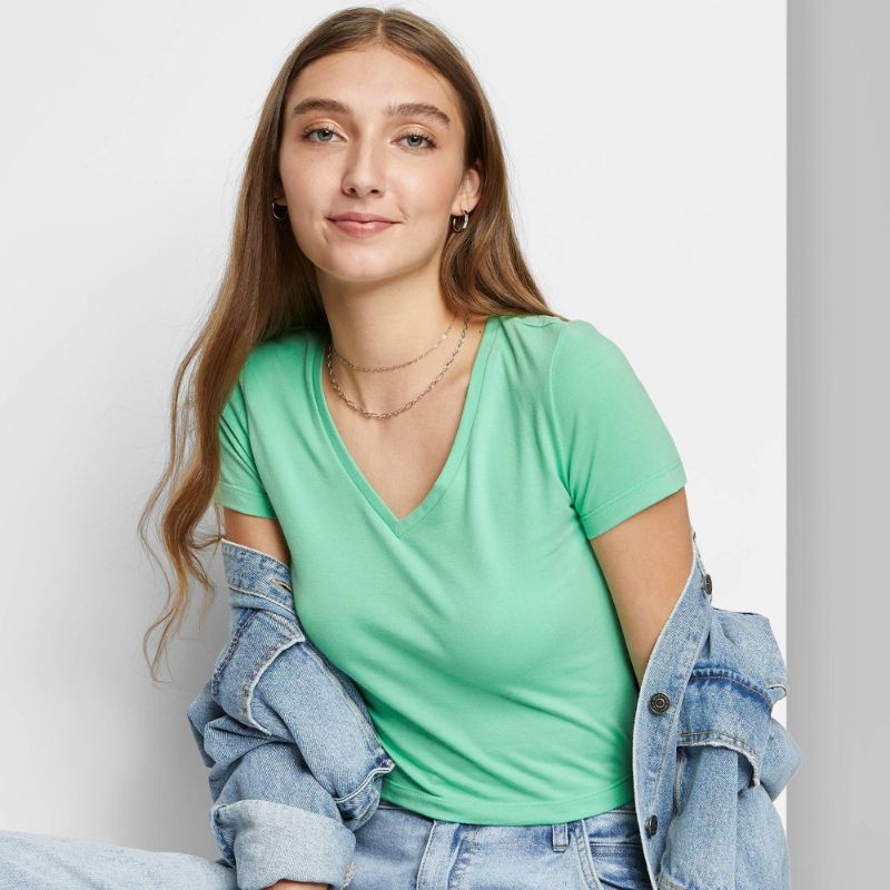 Photo 1 of  2 PCS-Woen's Short Sleeve V-Neck Cropped T-Shirt - Wild Fable™
SIZE-LARGE