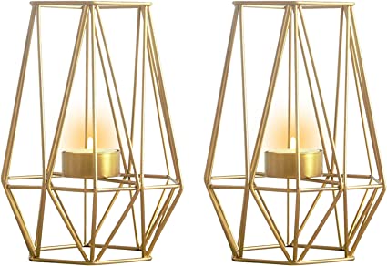 Photo 1 of 2 Pcs Metal Hexagon Shaped Geometric Design Tea Light Votive Candle Holders, Iron Hollow Tealight Candle Holders for Vintage Wedding Home Decoration, Gold (L + L)