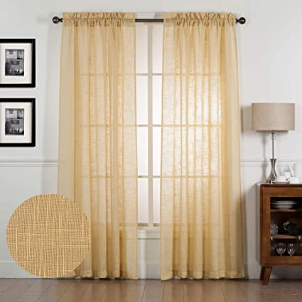 Photo 1 of  2 Piece Semi-Sheer Linen Look Window Treatment Curtains Panels/Drapes Set (52" W X 84" L, Gold)