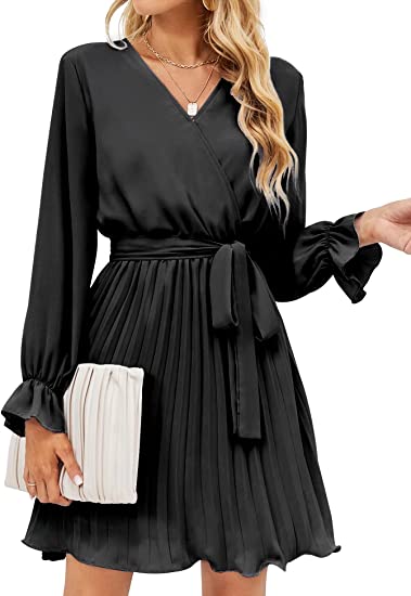 Photo 1 of BBX Lephsnt Womens Wrap V Neck Dresses for Wedding Guest Casual Pleated Long Sleeve Mini Dress (NO TIE WRAP)