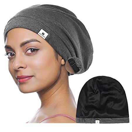 Photo 1 of  100% Mulberry Silk Lined Sleep Cap Silk Bonnet for Sleeping - Dark Grey Hair Cover Bonnet for Natural Hair Adjustable Slouchy Beanie Hat