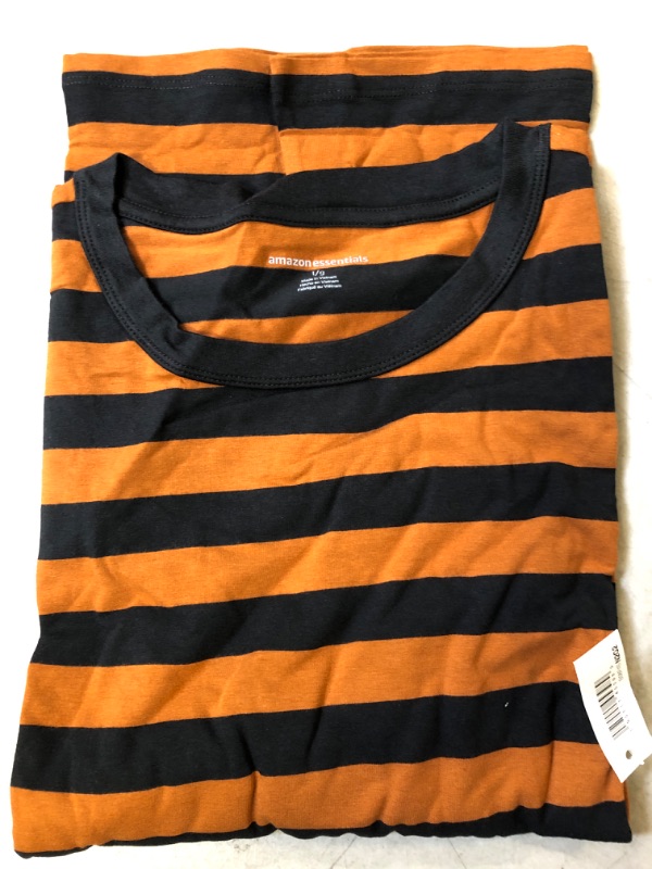 Photo 1 of Amazon Essentials Women's Classic-Fit Puff Short-Sleeve Crewneck T-Shirt Large Dark Camel/Black, Stripe