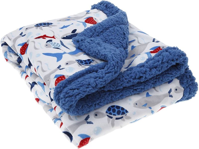 Photo 1 of Posh Linens Sherpa Blanket Blue: Soft Double Layer with Fun Ocean Design for Baby Boy Toddler Child (STOCK PHOTO USED AS REFERENCE)
