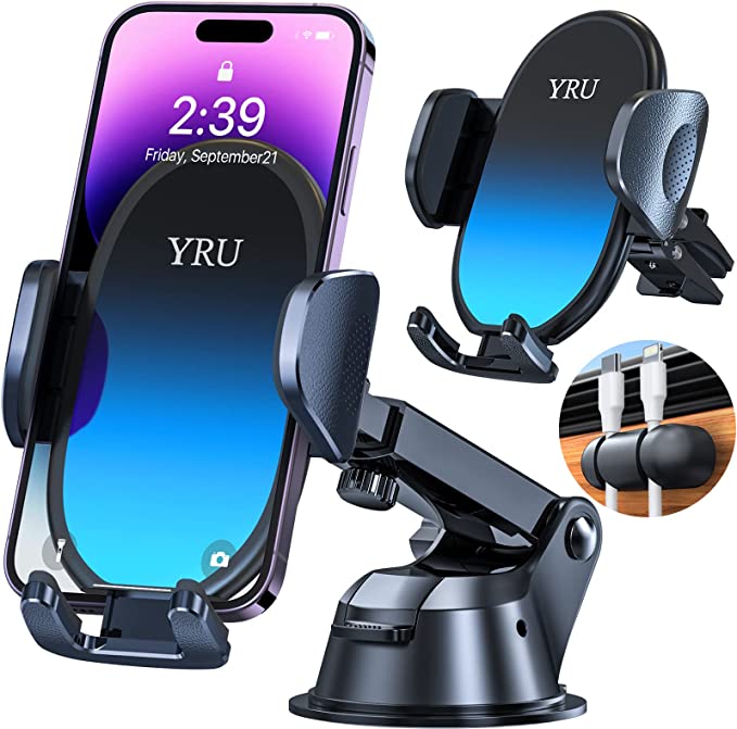 Photo 1 of [Upgraded] YRU Car Phone Mount, Sturdy Suction Adjustable Long Arm Cell Phone Holder for Car Dashboard Air Vent Windshield, Handsfree Dash Stand for iPhone 14 13 Pro Max, Samsung Universal Cellphone