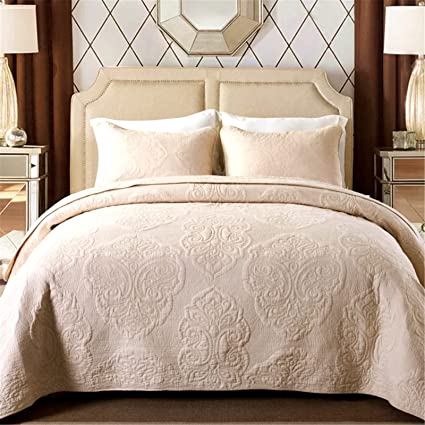 Photo 1 of ABREEZE Cream Bedding King Size Cotton Vintage Floral Paisley Quilt Set Scalloped Comforter Bedspread Set Quilted Coverlet Cotton Beige Comforter King Size Comforter and Coverlet Set 3 Pieces