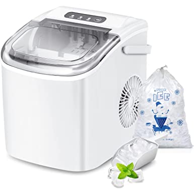 Photo 1 of Countertop Ice Maker, Self-Cleaning Portable Ice Maker Machine with Handle, 9 Bullet-Shaped Ice Cubes Ready in 6 Mins, 26Lbs/24H with Ice Scoop and Basket for Home/Kitchen/Party (White)