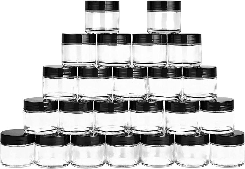 Photo 1 of 2oz Glass Jars 24 Pack, Hoa Kinh Mini Round Clear Glass Jars with Inner Liners and Black Lids, Perfect for Storing Lotions, Powders and Ointments.
