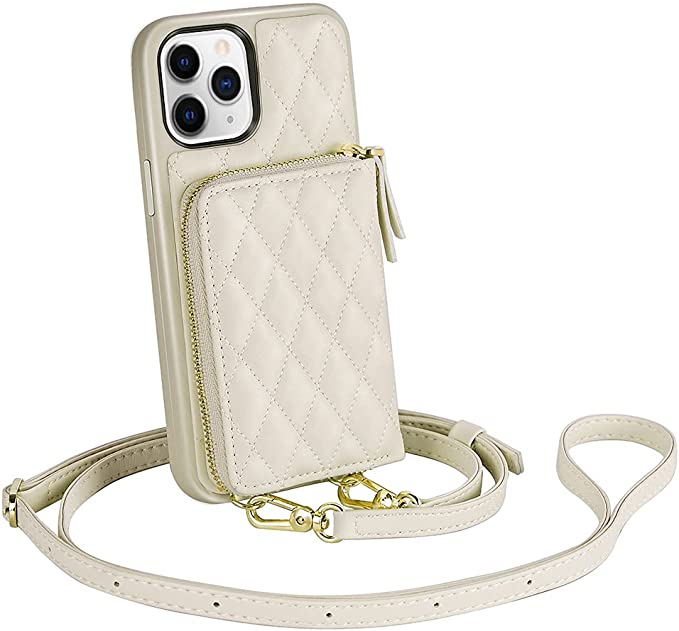 Photo 1 of LAMEEKU iPhone 11 Pro Wallet Case, iPhone 11 Pro Card Holder Case Crossbody Purse Case Quilted Leather Lady Handbag Case Shockproof Case Compatible with iPhone 11 Pro, 5.8"-Beige