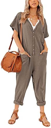 Photo 1 of Aoysky Oversize Women's One Piece Button Up Jumpsuit Casual Loose Short Sleeve V Neck Onesies Rompers With Pockets