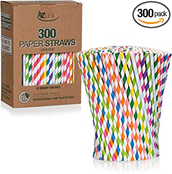 Photo 1 of 300-Pack Multi-Color Biodegradable Paper Straws  - Eco Friendly Straws for Juice, Soda, Cocktails, Shakes - Great for Birthday Parties, Bridal Showers, Cake Pop Sticks