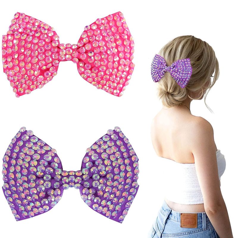 Photo 1 of 2PCS Rhinestone Hair Bows for Women Girls, 5.5 Inch Sparkling Crystal Stone Bride Hair Clips Hot Pink Purple Ribbon Bows Hair Accessories (Hot Pink+Purple)
