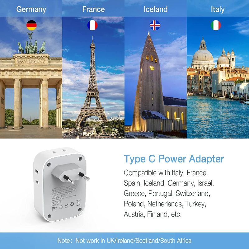 Photo 2 of TESSAN 3 Pack European Travel Plug Adapter, US to Europe Power Adapter with 4 AC Outlets and 3 USB, Type C Charger Adaptor Converter for USA to EU Italy France Spain Iceland Greece Germany Paris Type C-Most of Europe